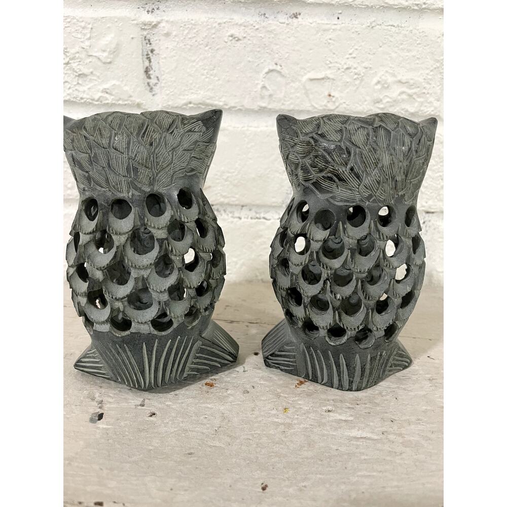 Vintage Hand Carved Soapstone Owl Bookends Pierced Openwork Stone Owl Pair